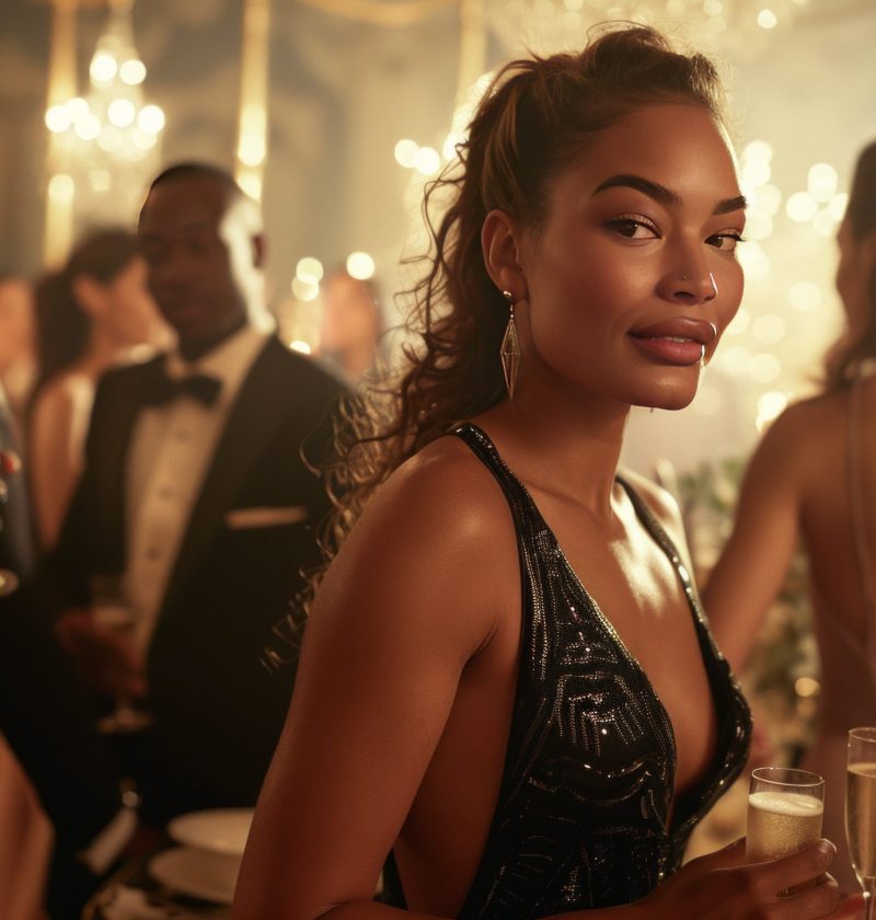 A woman in formal wear is smiling while holding a glass of champagne at a fun event. She is surrounded by entertainment and sharing tableware with others, wearing a stylish hat