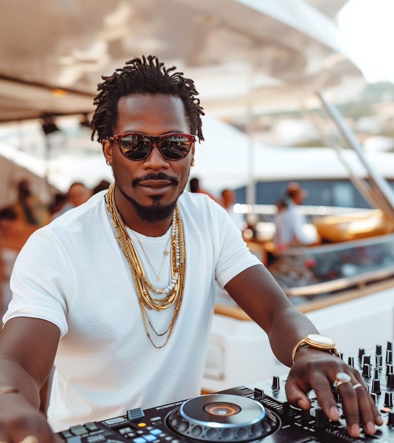 black man DJ mixing music on console mixer board at a luxury yacht party at sea in summer on vacation