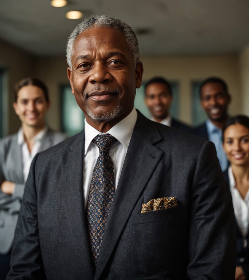 A senior black businessman with his colleagues working in the background.
