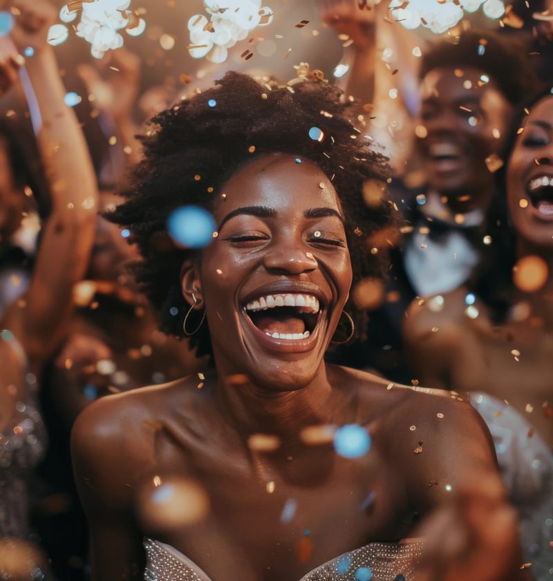 Two people laugh and dance with confetti falling around them.