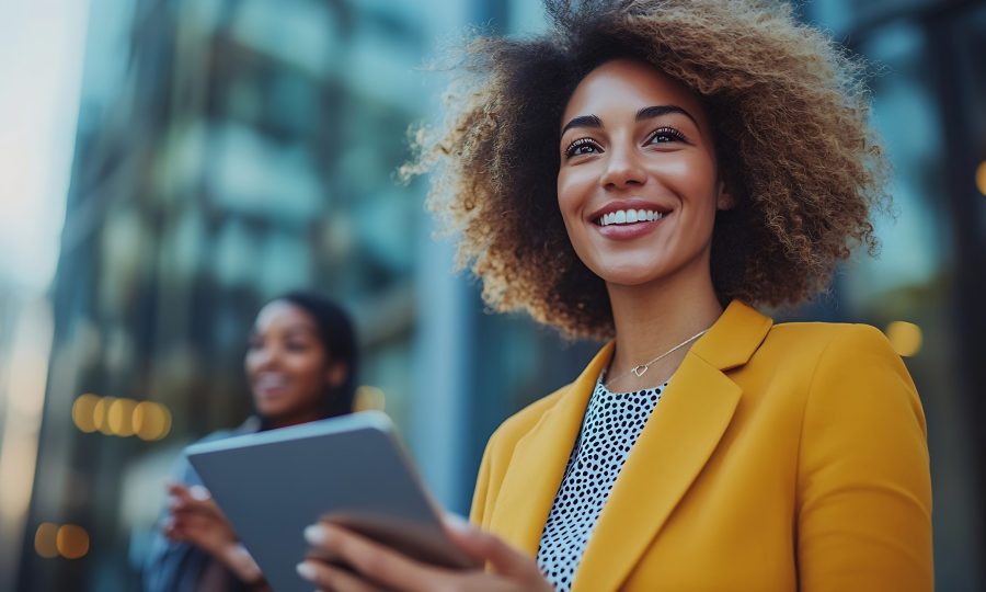 Couple of multiracial business woman in motion talking about their project and using a digital tablet while outside of the office building Portrait of a young diverse confident busines : Generative AI